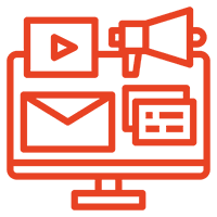 A red computer screen with a video and email icons on it.