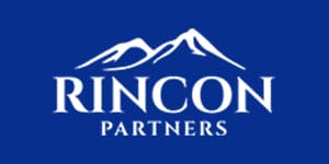 A blue and white logo of grincon partners