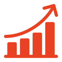 03 A red bar graph with an arrow going up.
