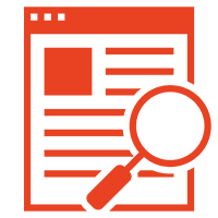 A red magnifying glass sitting on top of a page.