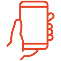 A red hand holding a smart phone in front of a green background.