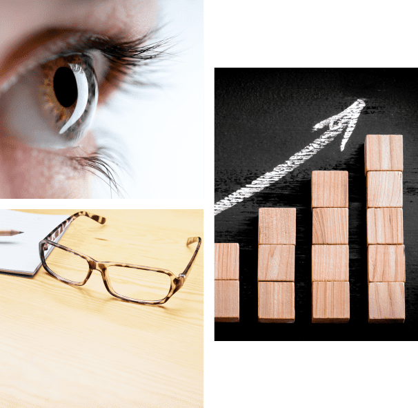 A close up of an eye, glasses and a bar graph.