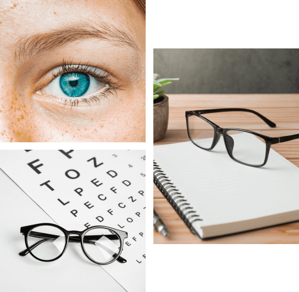 Our Focus 2 A collage of photos with eye glasses and an eye chart.