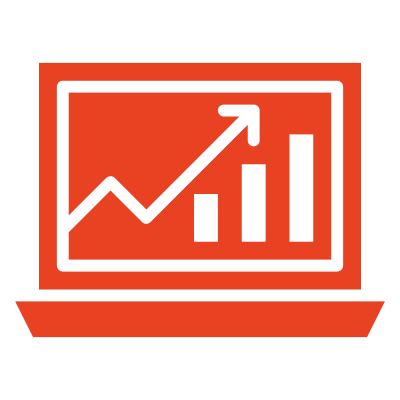 SEO A red laptop with an arrow and bar graph on it.