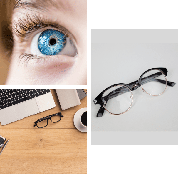 Service A collage of photos with an eye and glasses.